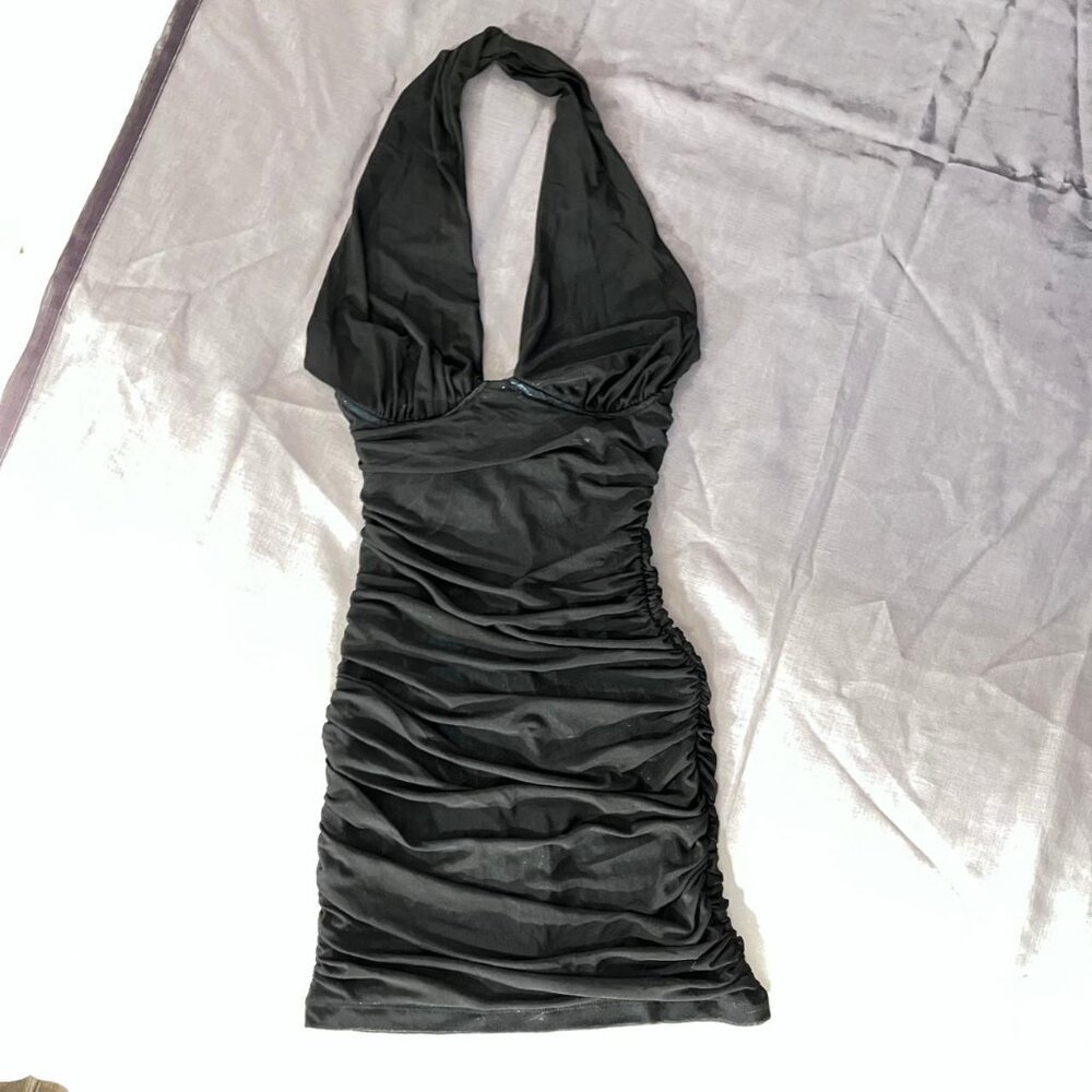 Deep V Wet Look Ruched Halter Dress S/M